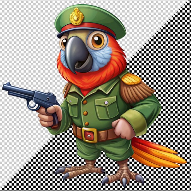 PSD parrot in army dress holding gun