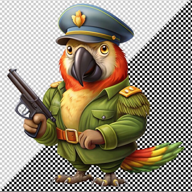 PSD parrot in army dress holding gun