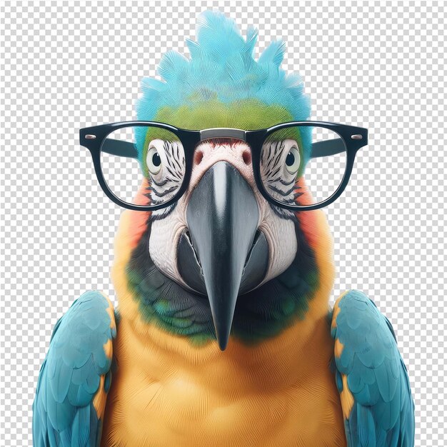 A parrot with glasses on his head and a beak that has a beak