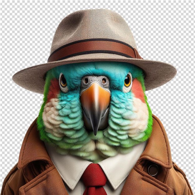 PSD a parrot with a hat on its head and a tie