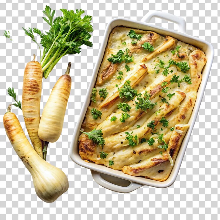 PSD parsnip and celeriac bake isolated on transparent background