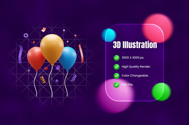 PSD Иллюстрация 3d-иконки для вечеринок или 3d-иконка для праздничных вечеринок или шарик для вечеринок на день рождения