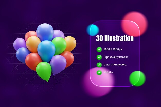 PSD パーティーのバルーン 3dアイコンのイラストまたは祝いのパーティーのバルーン 3dアイコンまたはバースデーパーティーのバルーン