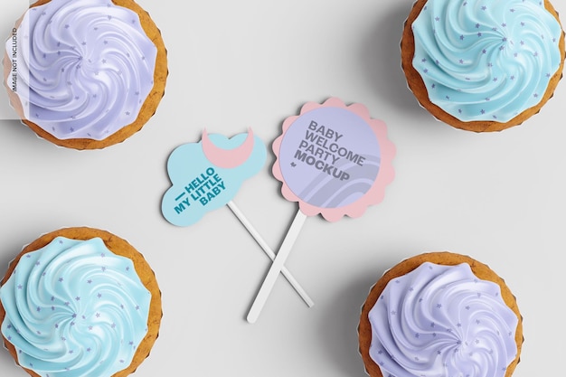 Party cupcake topper mockup, vista dall'alto