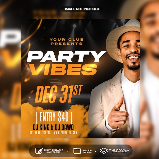 Party vibes concert flyer social media template PSD