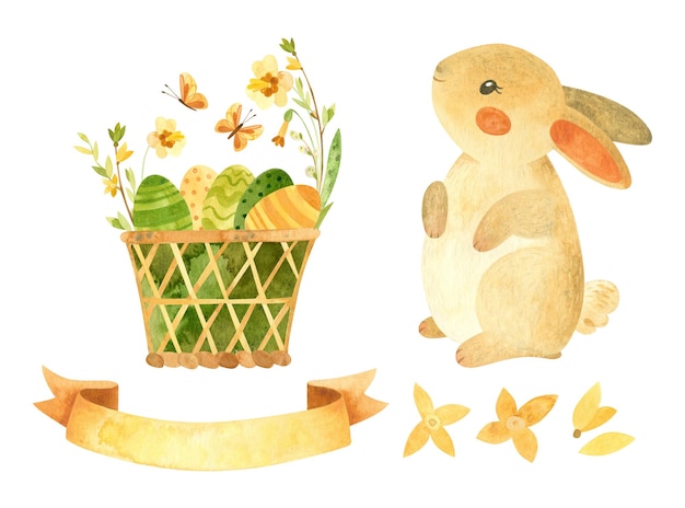 Pasen Aquarel Clipart Leuk konijn baby konijn Wicker mand met Pasen eieren Lente bloemen