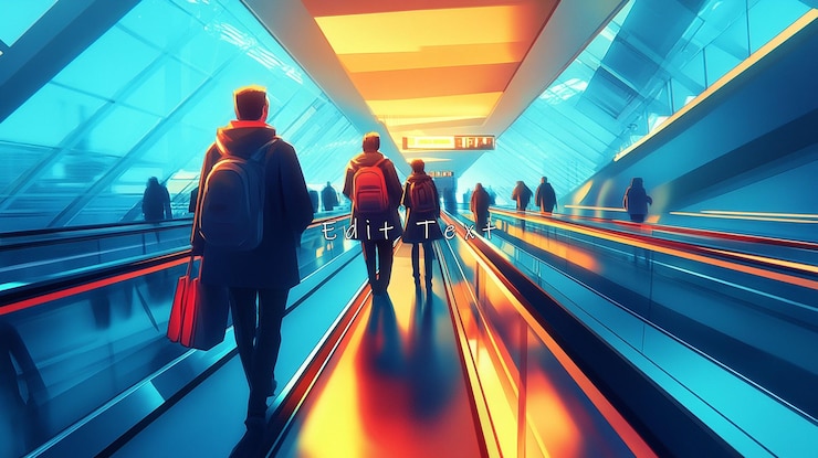 PSD passengers on a moving walkway in a futuristic airport terminal