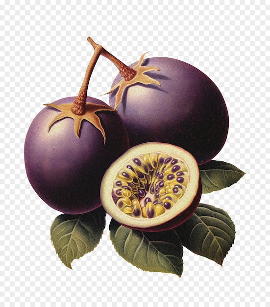 PSD passion fruit isolated on transparent background old botanical illustration
