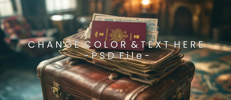 PSD passport on vintage luggage a journey awaits