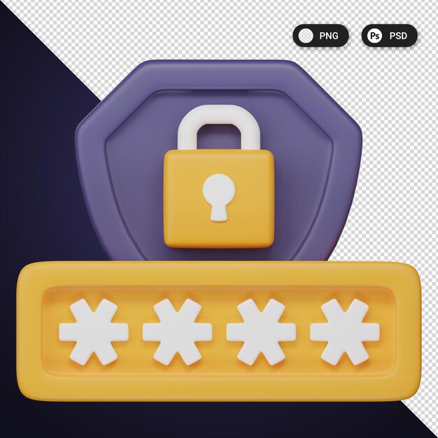 PSD password shield cyber security icons set ux ui web design elements 3d rendering