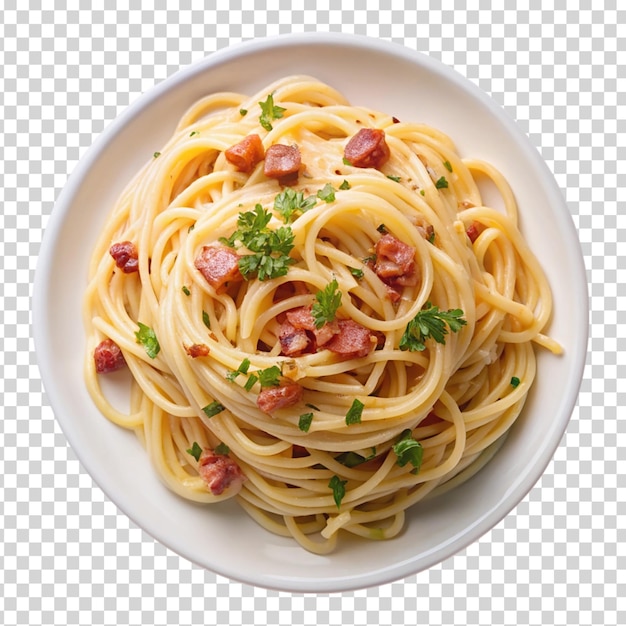 PSD pasta dish with bacon and parsley on transparent background