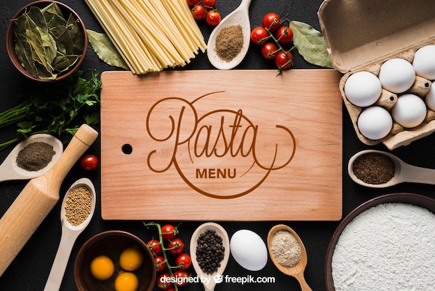 PSD pasta mockup with wooden board