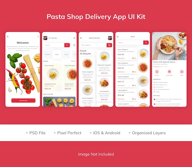 PSD pasta shop delivery app ui kit