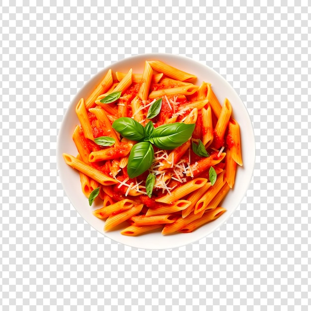 PSD pasta with tomato sauce and basil leaf on a transparent background