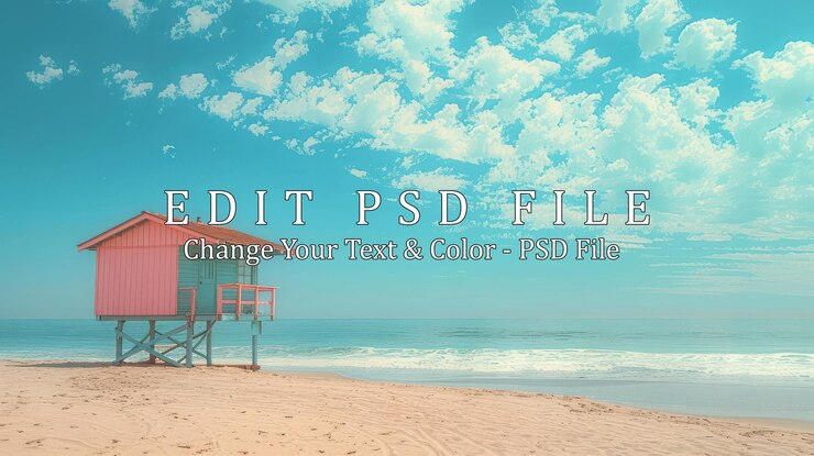 PSD 파란 하늘 아래의 파스텔 비치 하우스