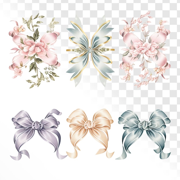 PSD pastel floral ribbon classic set against a transparent background