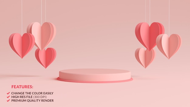 Pastel pink Valentines day podium surrounded by hanging paper hearts in 3D rendering
