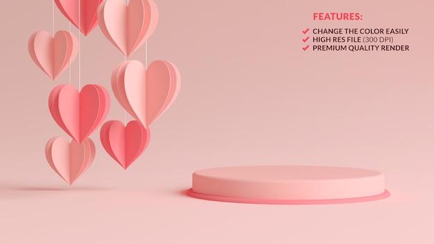 Podio di san valentino rosa pastello con cuori di carta appesi nel rendering 3d