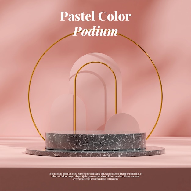 Pastel pink wall black marble podium with gold ring backdrop 3d rendering mockup in square