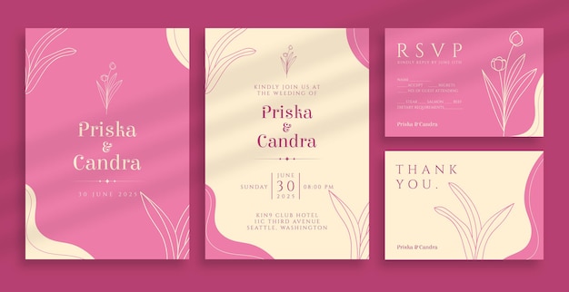 pastel pink wedding invitation with line art flower ornament