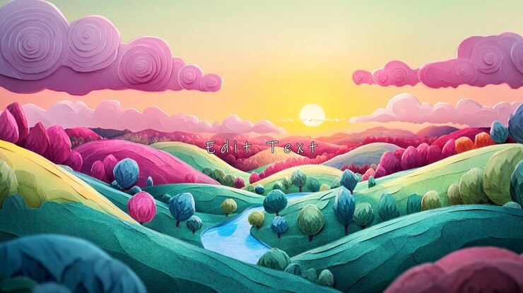 PSD pastel sunset over whimsical paper landscape with river