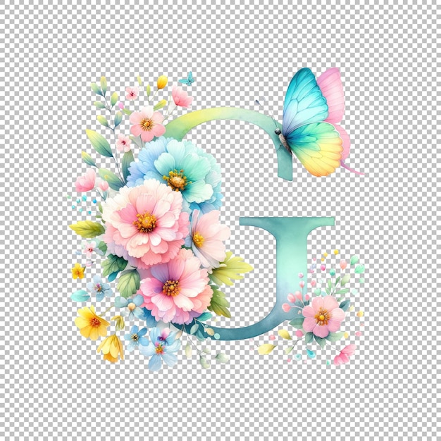 PSD pastel watercolor spring floral alphabet letter g with a butterfly