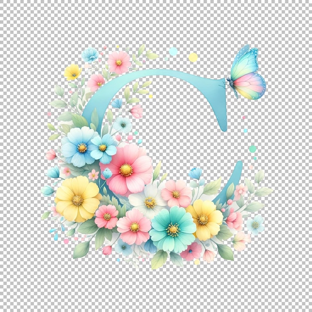 PSD pastel watercolor spring floral alphabet letter s with a butterfly