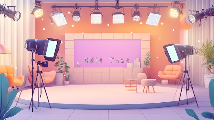PSD 照明と家具を備えたパステルテッドのテレビスタジオセット