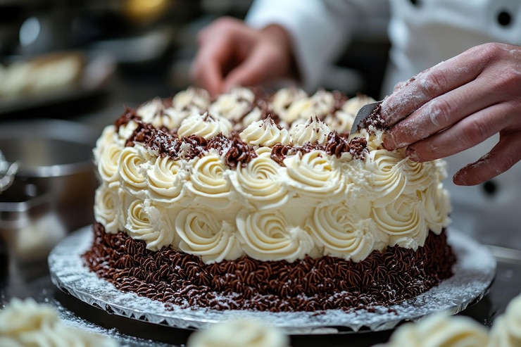 PSD a pastry chef carefully decorates a chocolate and white cake with a piping bag