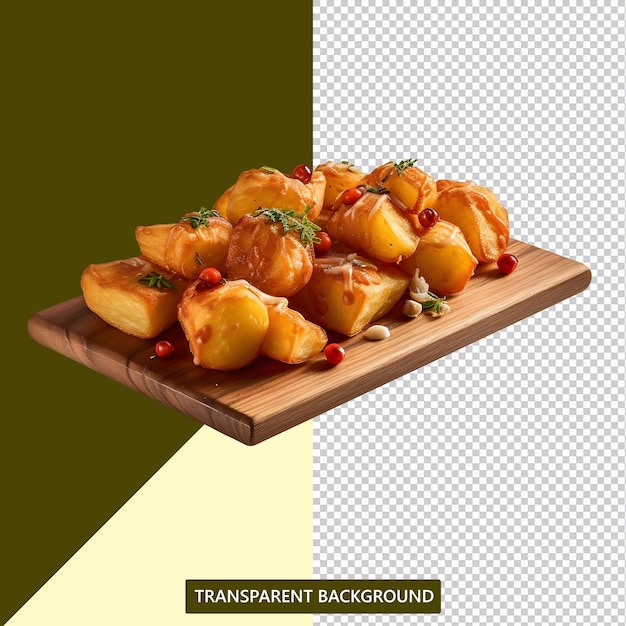 PSD patatas bravas origineel spaans eten geserveerd op een prachtig servietbord.