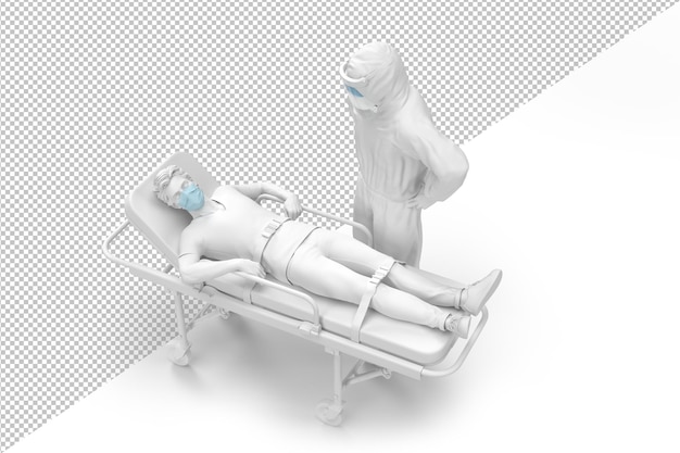 Patient on a gurney and doctor in protective hazmat suite pandemic concept 3d rendering