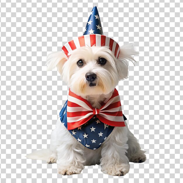 Patriotic dog wearing costumes with american flag isolated on transparent background