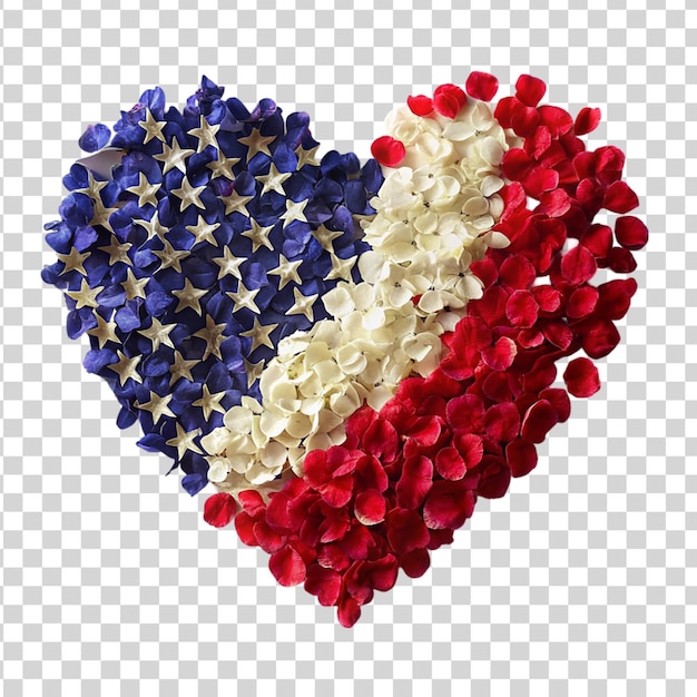 Disegno patriottico a cuore con bandiera americana e fiori colorati isolati su uno sfondo trasparente