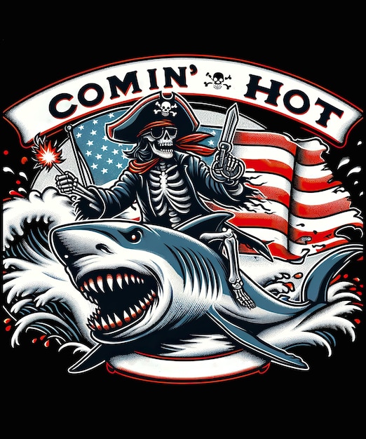 PSD 愛国的な海賊 狂った旗を振る 骨格を振る サメが来る