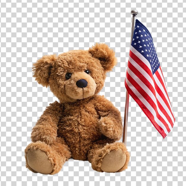 PSD orso di peluche patriottico che tiene la bandiera americana isolata su uno sfondo trasparente