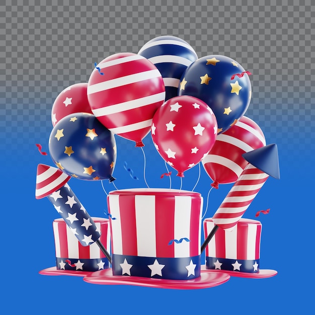 PSD un rendering 3d a tema patriottico con palloncini e un cappello per il 4 luglio