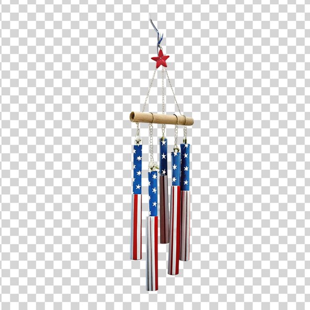 PSD patriotic wind chimes hanging from a tree branch on transparent background