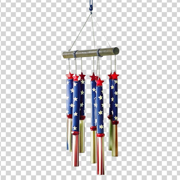 PSD patriotic wind chimes hanging from a tree branch on transparent background