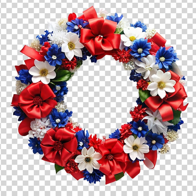PSD patriotic wreath with red white and blue flowers on transparent background