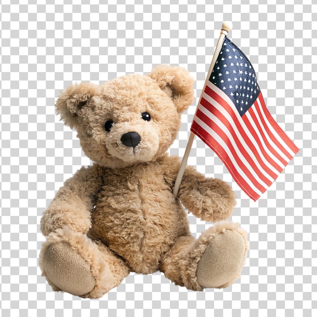PSD patrioticzny pluszowy niedźwiedź trzymający amerykańską flagę odizolowaną na przezroczystym tle