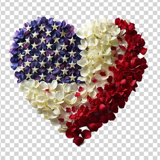 PSD patrioticzny wzór serca z amerykańską flagą i kolorowymi kwiatami izolowanymi na przezroczystym tle