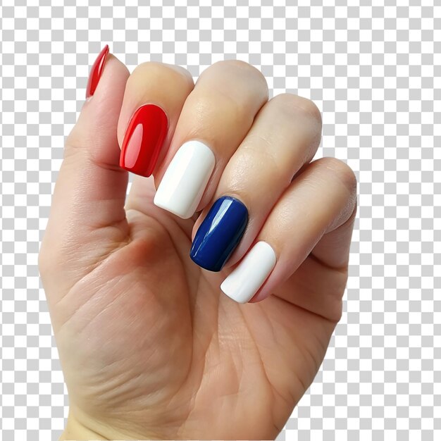 PSD patriottische hand nagellak roodblauw met amerikaanse vlag geïsoleerd op transparante achtergrond