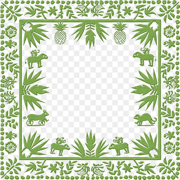 The pattern of the green plants with elephants and the inscription in the center