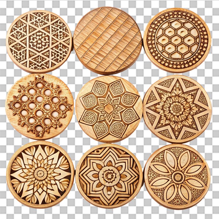 PSD pattern wooden coasters isolated on transparent background