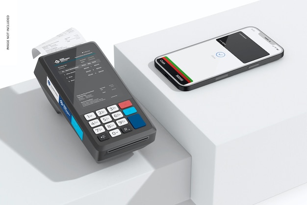 Payment device with smartphone mockup on surface