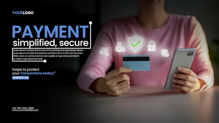 PSD payment fraud cybersecurity measures banner template with a businesswoman holds a smartphone and credit card with security icons above