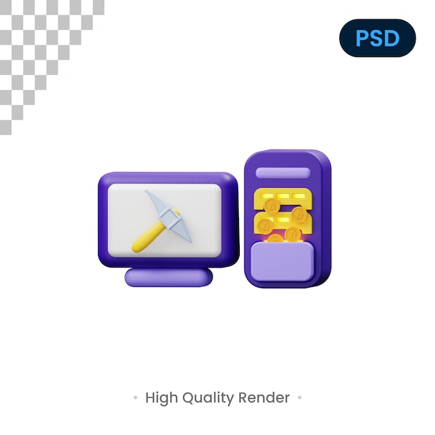 Pc mining 3d render illustratie premium psd