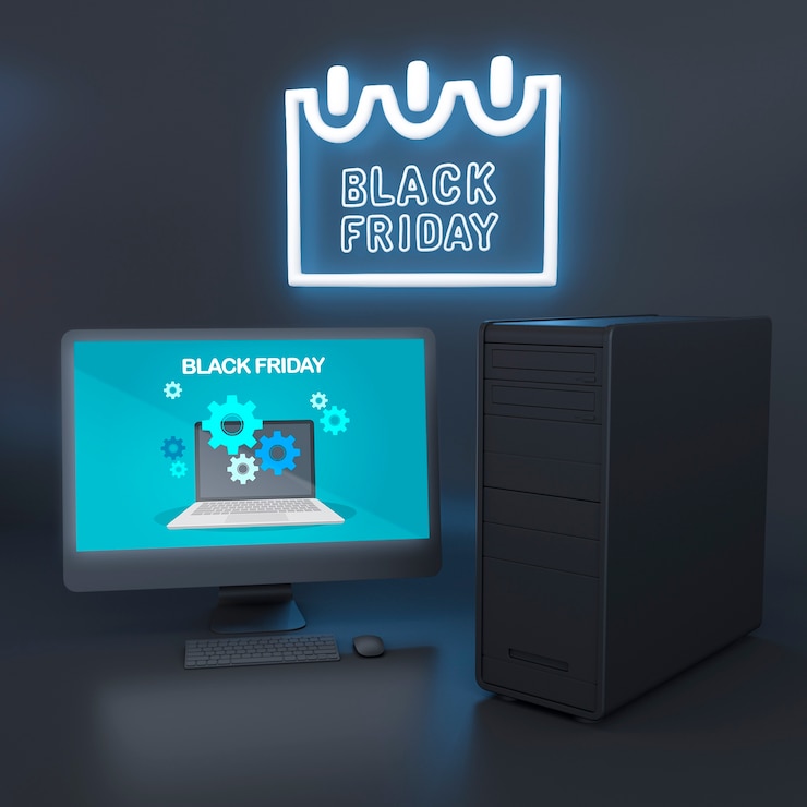 PSD pc mock-up with blue neon lights