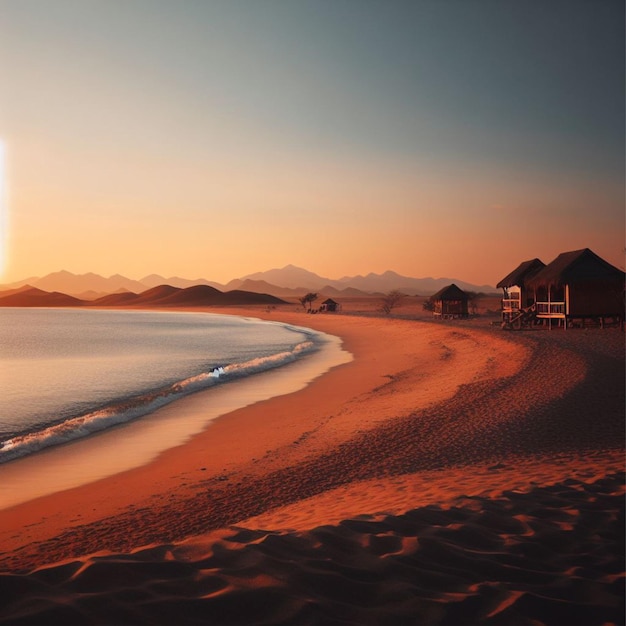 PSD peaceful sunset at beach with desert landscape