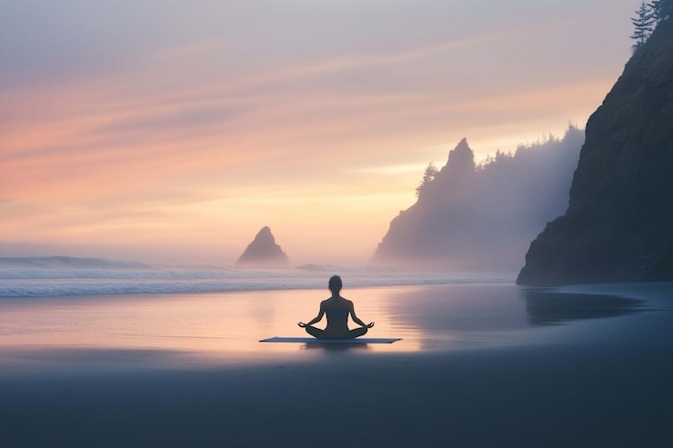 PSD peaceful woman meditating on a beach at sunset